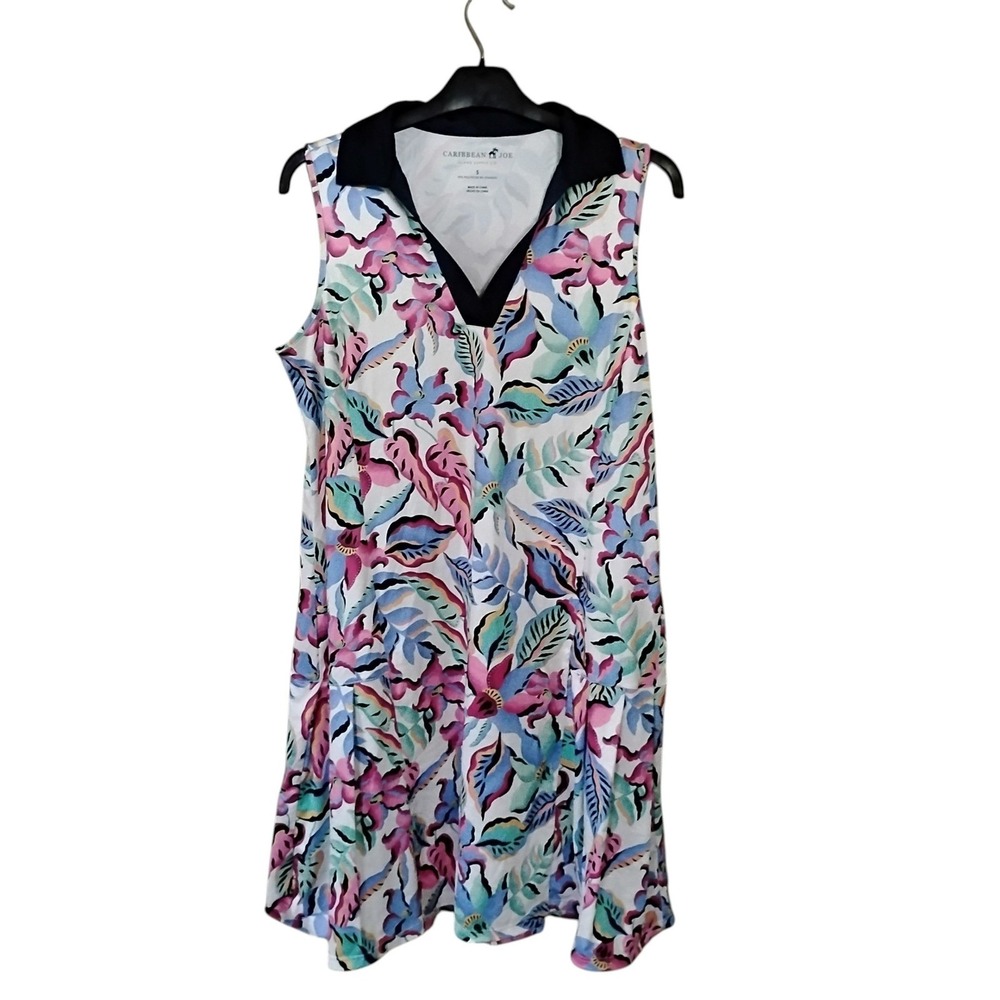 Caribbean Joe Womens Floral Sleeveless Polo Dress Pink Blue Green Small